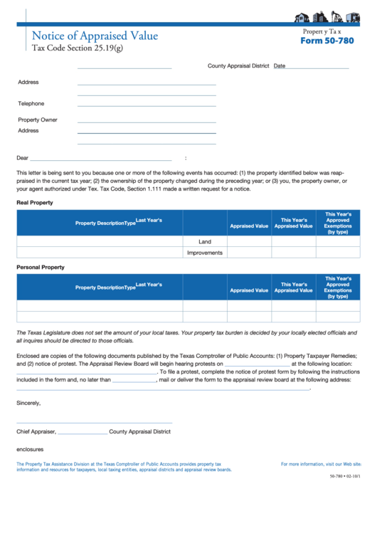 Fillable Form 50-780 - Notice Of Appraised Value Printable pdf