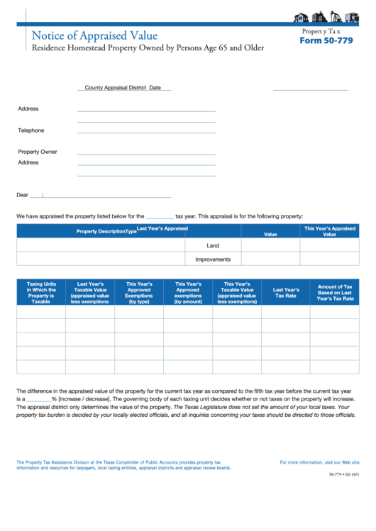 Fillable Form 50-779 - Notice Of Appraised Value Printable pdf