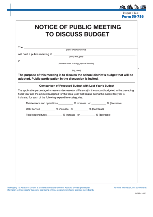 Fillable Form 50-786 - Notice Of Public Meeting To Discuss Budget Printable pdf