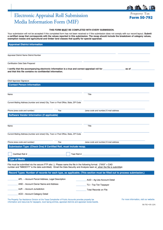 Fillable Form 50-792 - Electronic Appraisal Roll Submission Media Information Form (Mif) Printable pdf