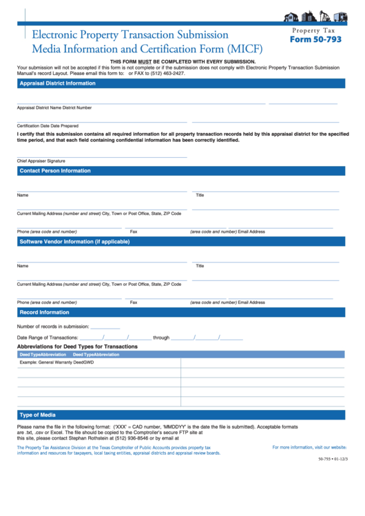 Fillable Form 50-793 - Electronic Property Transaction Submission Media Information And Certification Form (Micf) Printable pdf