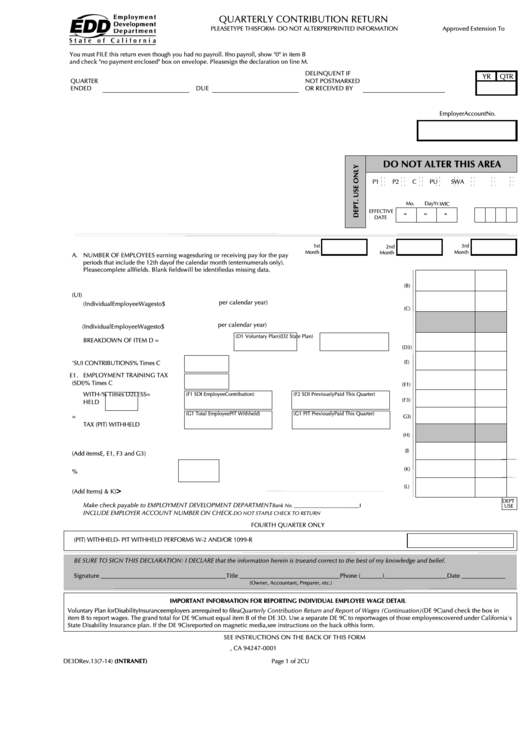 Form De 3d - Quarterly Contribution Return - 2014 Printable pdf