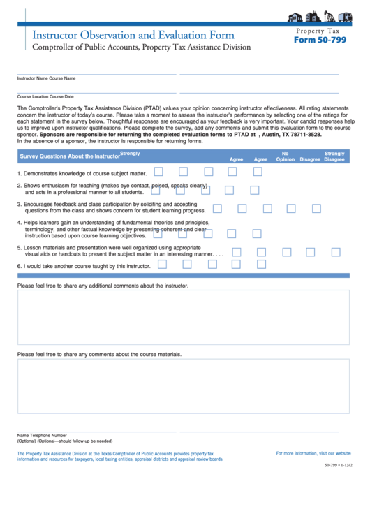 Form 50-799 - Instructor Observation And Evaluation Form Printable pdf
