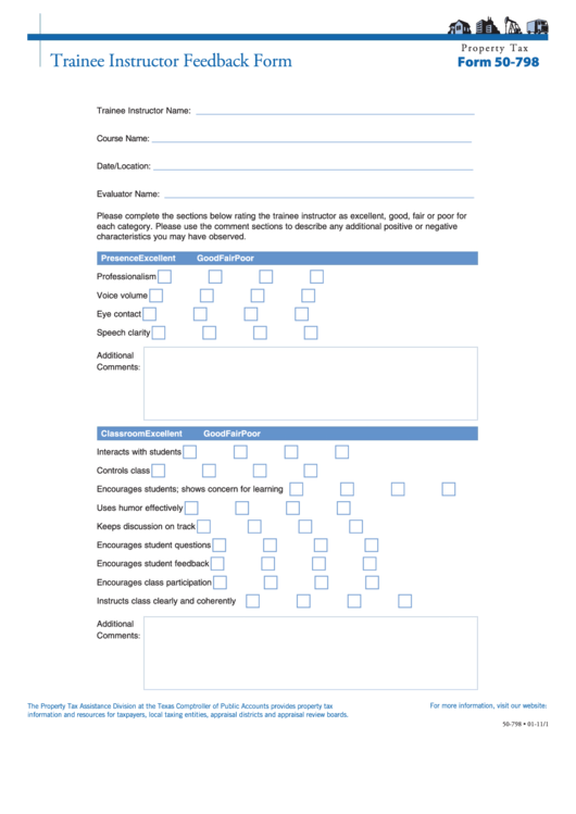 Form 50-798 - Trainee Instructor Feedback Form Printable pdf