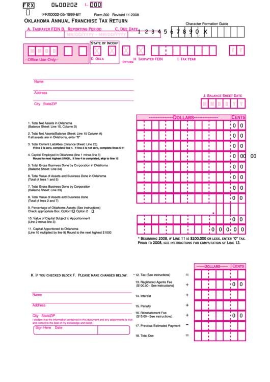 Fillable Form 200 - Oklahoma Annual Franchise Tax Return - 2008 Printable pdf