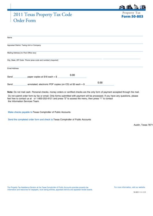 Fillable Form 50-803 - Texas Property Tax Code Order Form - 2011 Printable pdf