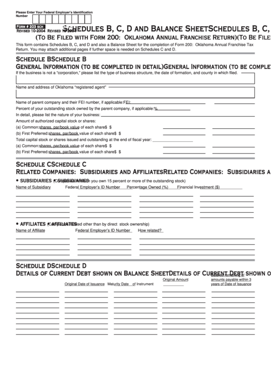 Form 203 Sch - Schedules B, C, D And Balance Sheet Schedules B, C, D And Balance Sheet - 2004 Printable pdf