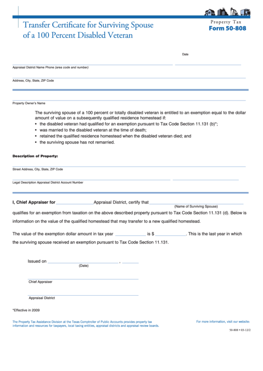Fillable Form 50-808 - Transfer Certificate For Surviving Spouse Of A 100 Percent Disabled Veteran Printable pdf