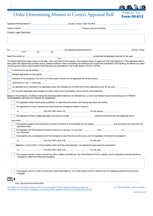 Fillable Form 50-812 - Order Determining Motion To Correct Appraisal Roll Printable pdf