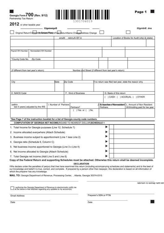 Fillable Georgia Form 700 - Partnership Tax Return - 2012 Printable pdf