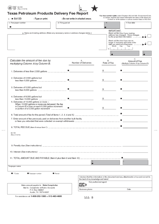 Fillable Form 64-100 - Texas Petroleum Products Delivery Fee Report ...