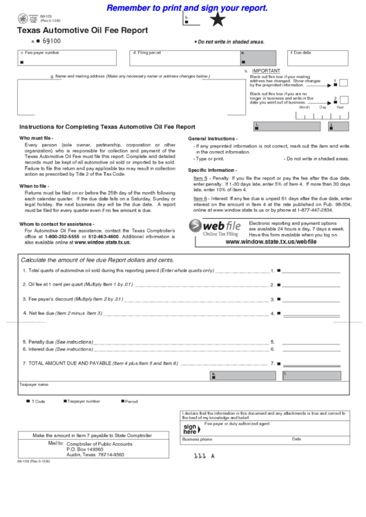 Fillable Form 66-103 - Texas Automotive Oil Fee Report Printable pdf