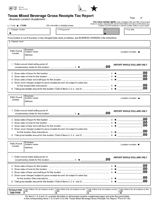 Fillable Form 67-101 - Texas Mixed Beverage Gross Receipts Tax Report Printable pdf