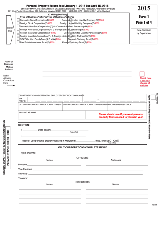 Fillable Form 1 - Personal Property Return - 2015 Printable pdf