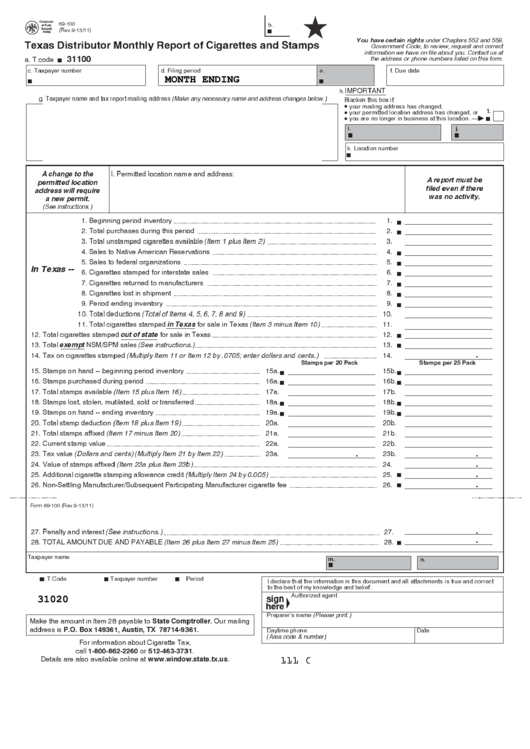 Fillable Form 69-100 - Texas Distributor Monthly Report Of Cigarettes And Stamps Printable pdf