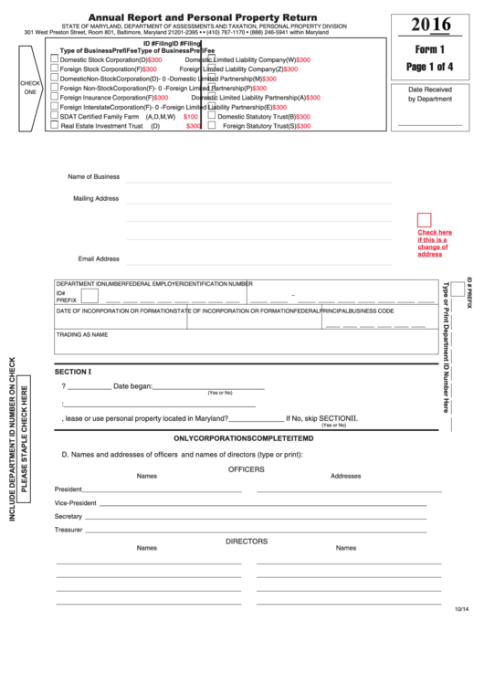 Fillable Form 1 - Annual Report And Personal Property Return - 2014 Printable pdf