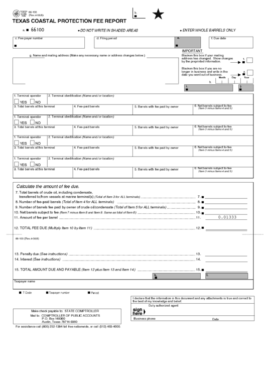 Fillable Form 66-100 - Texas Coastal Protection Fee Report Printable pdf