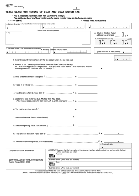 Fillable Form 57-200 - Texas Claim For Refund Of Boat And Boat Motor Tax Printable pdf