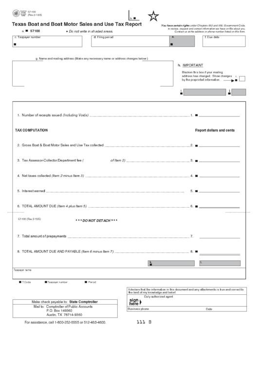Fillable Form 57-100 - Texas Boat And Boat Motor Sales And Use Tax Report Printable pdf