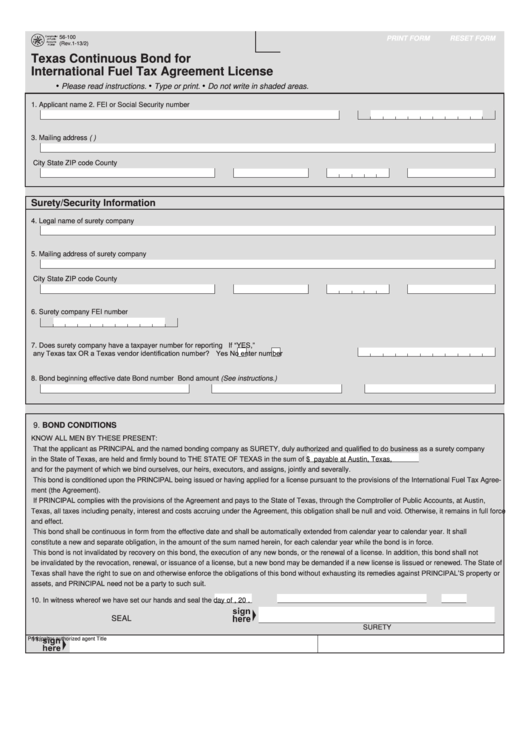 Fillable Form 56-100 - Texas Continuous Bond For International Fuel Tax Agreement License Printable pdf