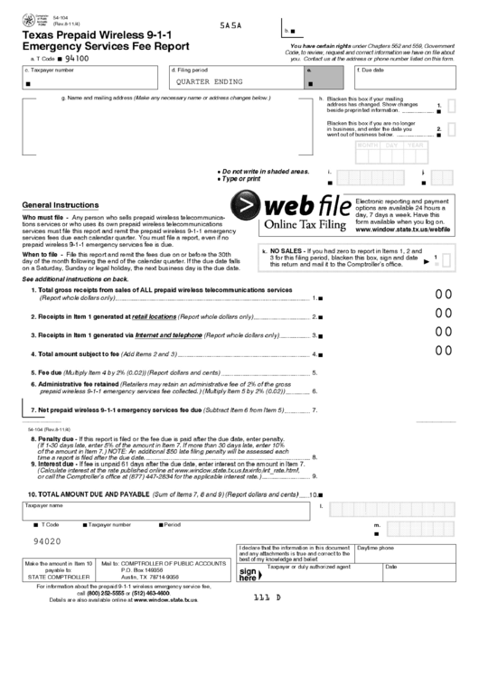 Fillable Form 54-104 - Texas Prepaid Wireless 9-1-1 Emergency Services Fee Report Printable pdf