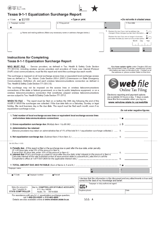 Fillable Form 54-102 - Texas 9-1-1 Equalization Surcharge Report Printable pdf