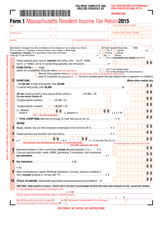 Form 1 - Massachusetts Resident Income Tax Return - 2015 Printable pdf
