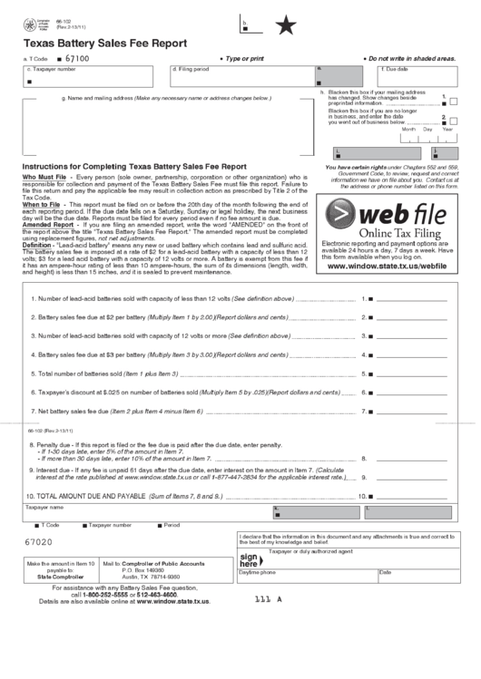 Fillable Form 66-102 - Texas Battery Sales Fee Report Printable pdf