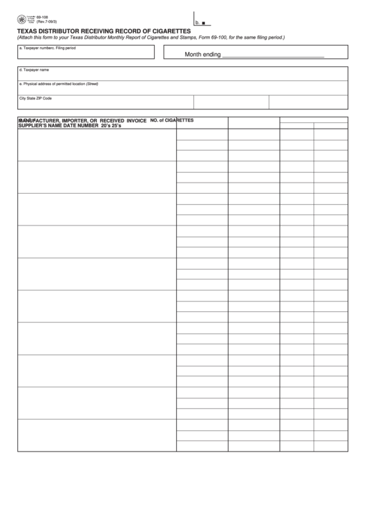 Fillable Form 69-108 - Texas Distributor Receiving Record Of Cigarettes Printable pdf
