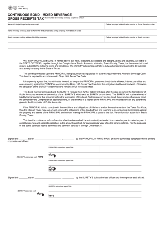 Fillable Form 67-102 - Continuous Bond - Mixed Beverage Gross Receipts Tax Printable pdf