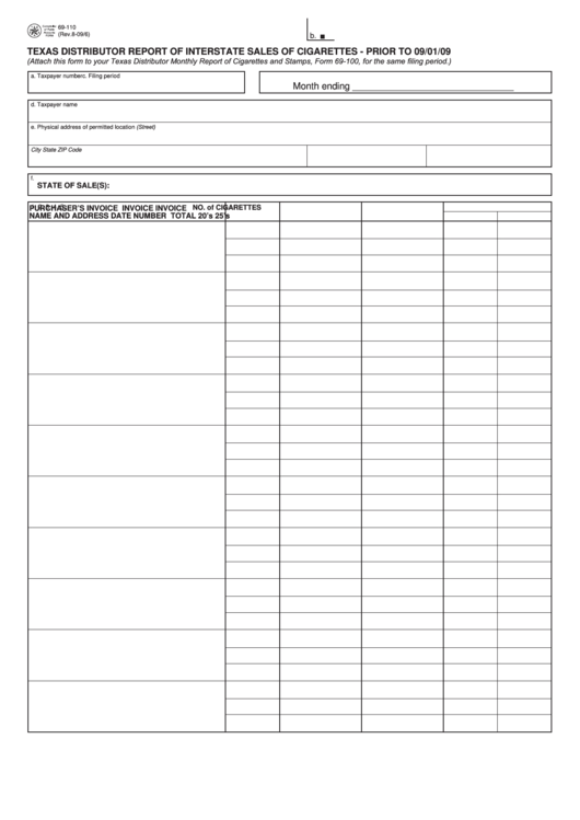 Fillable Form 69-110 - Texas Distributor Report Of Interstate Sales Of Cigarettes Printable pdf