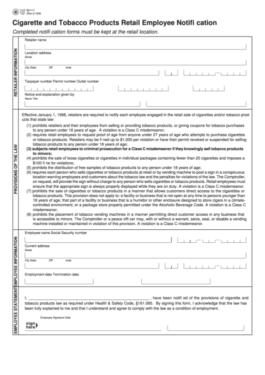 Fillable Form 69-117 - Cigarette And Tobacco Products Retail Employee Notification Printable pdf