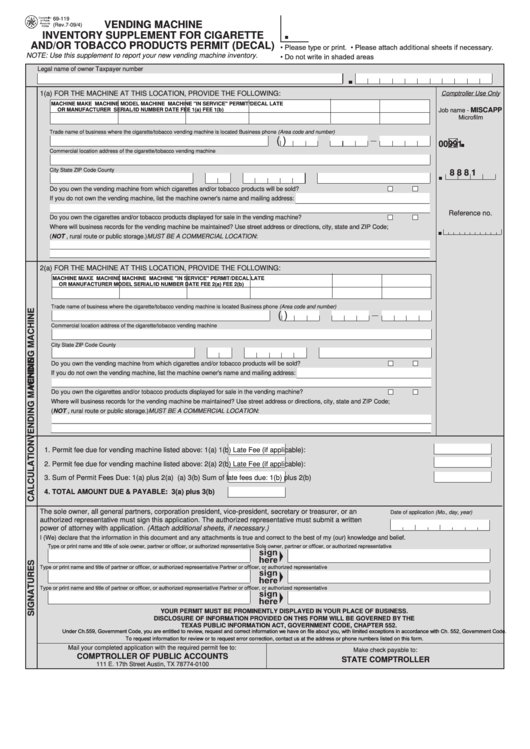 Fillable Form 69-119 - Vending Machine Inventory Supplement For Cigarette And/or Tobacco Products Permit (Decal) Printable pdf