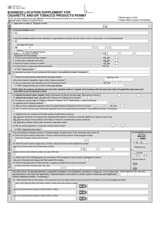 Fillable Form 69-121 - Business Location Supplement For Cigarette And/or Tobacco Products Permit Printable pdf