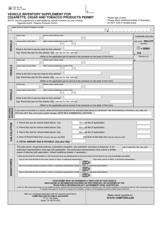 Fillable Form 69-122 - Vehicle Inventory Supplement For Cigarette, Cigar And Tobacco Products Permit Printable pdf