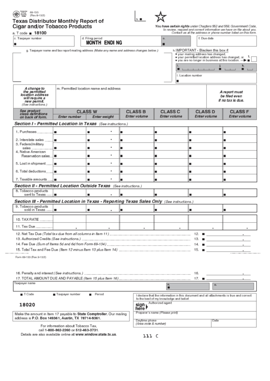 Fillable Form 69-133 - Texas Distributor Monthly Report Of Cigar And/or Tobacco Products Printable pdf