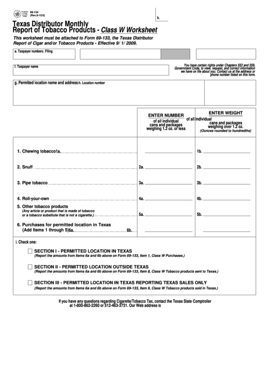 Fillable Form 69-134 - Texas Distributor Monthly Report Of Tobacco Products - Class W Worksheet Printable pdf