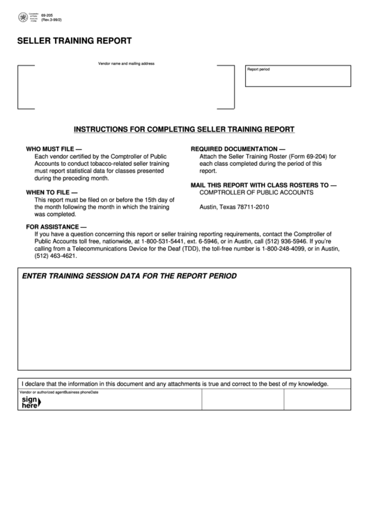 Form 69-205 - Seller Training Report Printable pdf