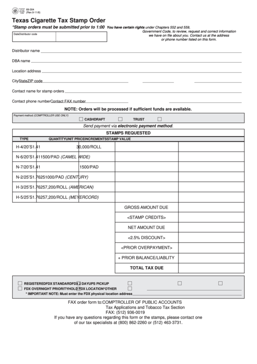 Fillable Form 69-304 - Texas Cigarette Tax Stamp Order Printable pdf