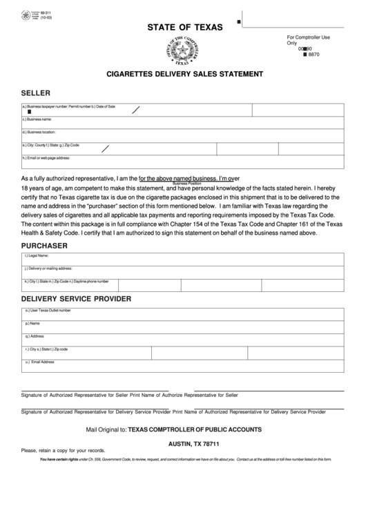 Fillable Form 69-311 - Cigarettes Delivery Sales Statement printable ...