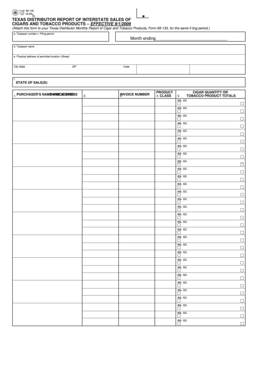 Fillable Form 69-135 - Texas Distributor Report Of Interstate Sales Of Cigars And Tobacco Products Printable pdf
