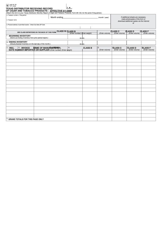 Fillable Form 69-136 - Texas Distributor Receiving Record Of Cigar And Tobacco Products Printable pdf