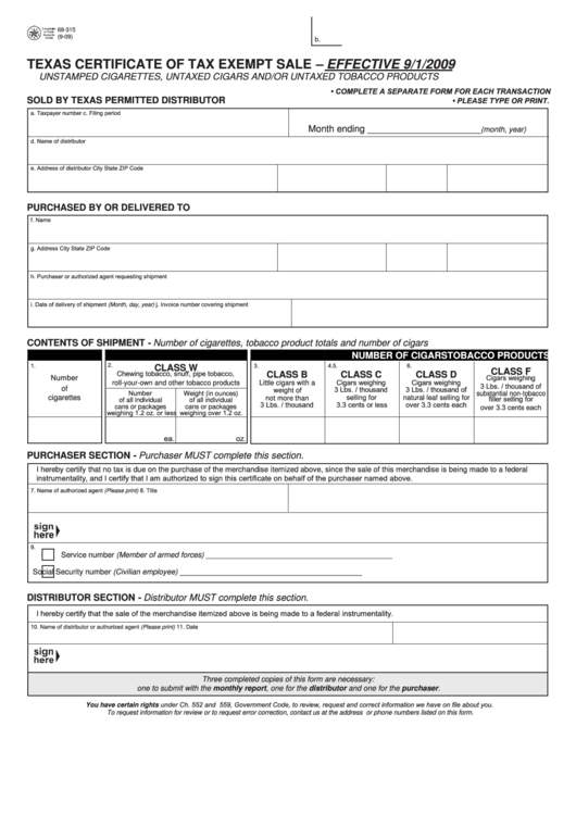 Fillable Form 69-315 - Texas Certificate Of Tax Exempt Sale Printable pdf
