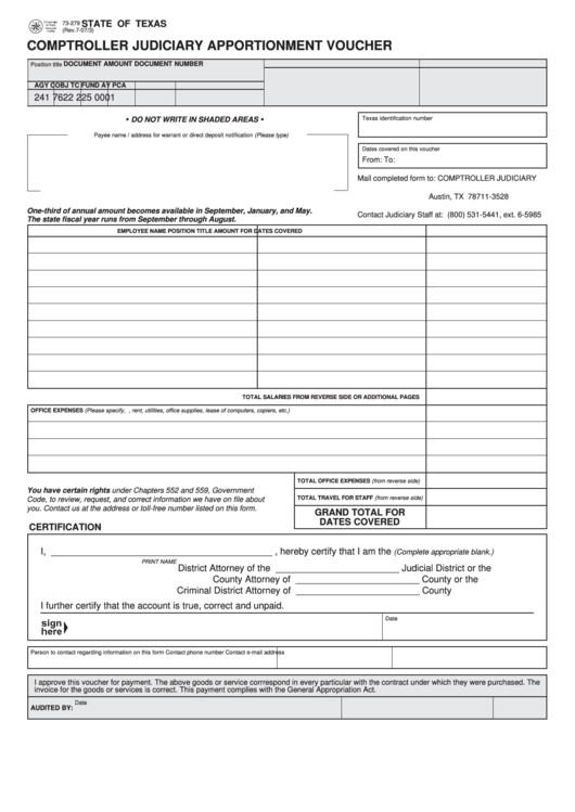 Fillable Form 73-279 - Comptroller Judiciary Apportionment Voucher Printable pdf