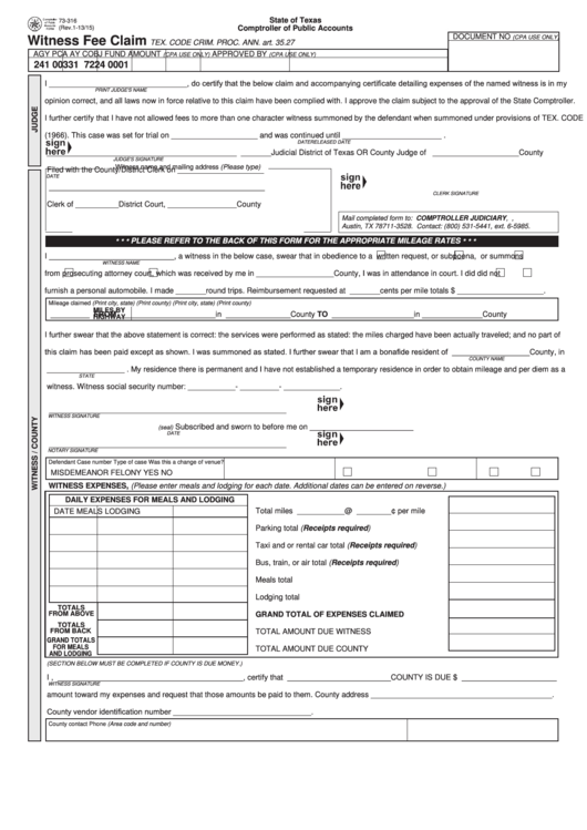 Fillable Form 73-316 - Witness Fee Claim Printable pdf