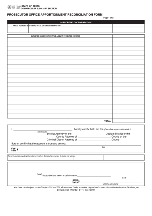 Fillable Form 73-333 - Prosecutor Office Apportionment Reconciliation Form Printable pdf