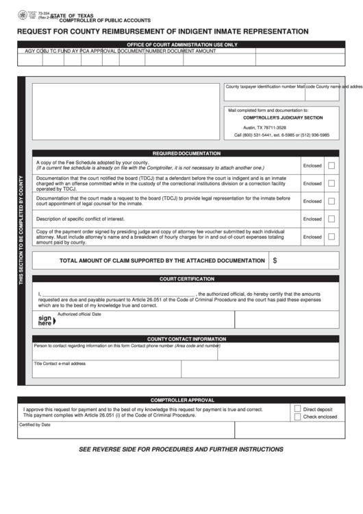 Fillable Form 73-334 - Request For County Reimbursement Of Indigent Inmate Representation Printable pdf