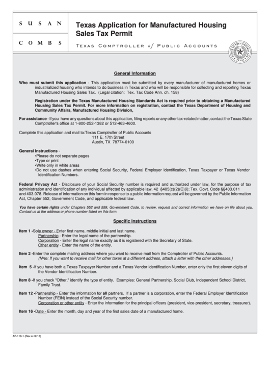 Fillable Form Ap-118-3 - Texas Application For Manufactured Housing Sales Tax Permit Printable pdf