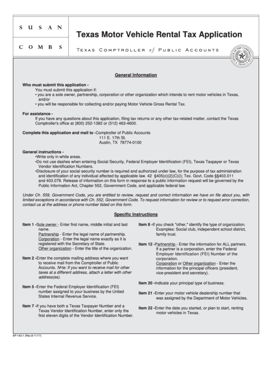 Fillable Form Ap-143-2 - Texas Motor Vehicle Rental Tax Application Printable pdf