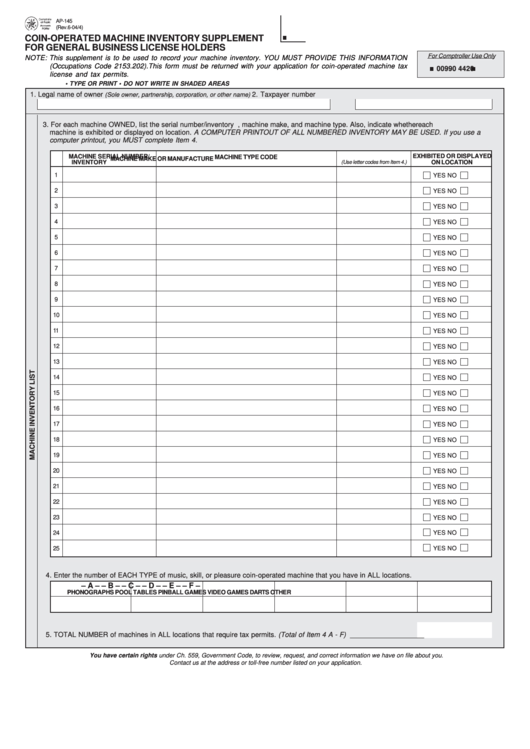 Fillable Form Ap-145 - Coin-Operated Machine Inventory Supplement For General Business License Holders Printable pdf